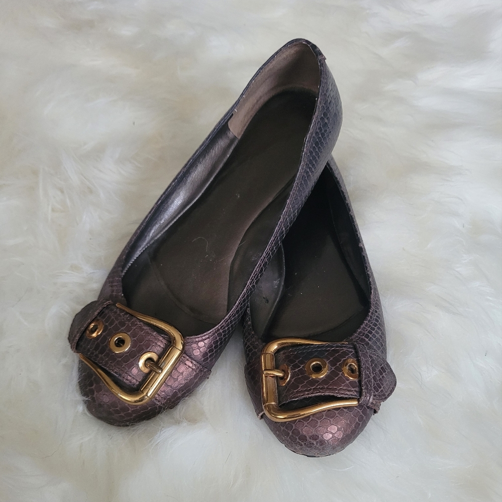 Brown snake skin flats with buckle